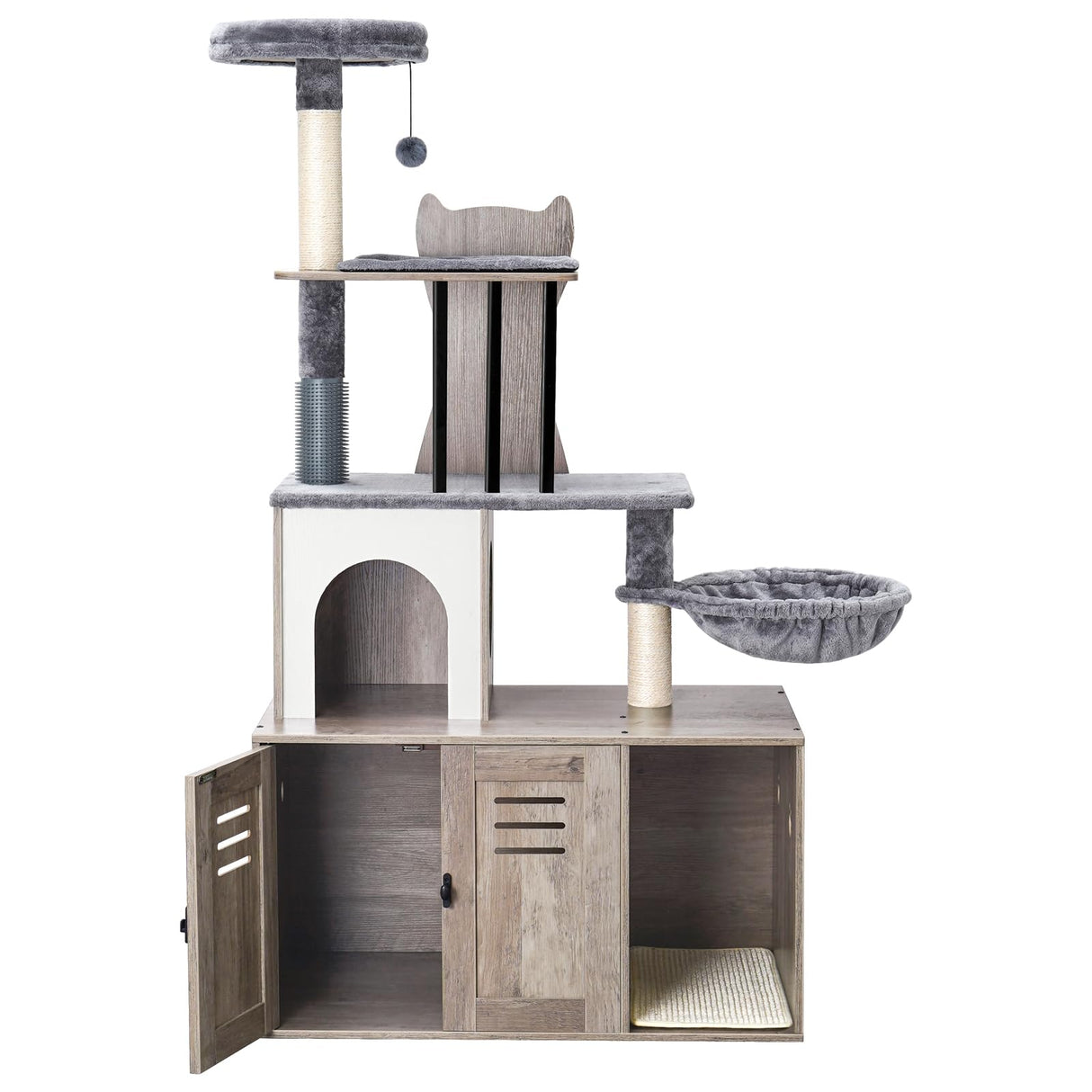 Snughome Cat Tree with Litter Box Enclosure Furniture, 2-in-1 Modern Cat Tower for Indoor Cats, 58.66’’ Wood Cat Condo with Scratching Post and Hammock, Indoor Cat Furniture with Large Platform, Grey Snughome
