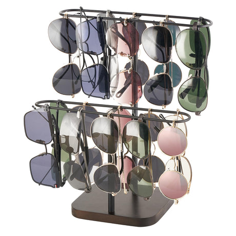 Mkono Sunglasses Organizer Glasses Holder Stand for 24 Pairs of Eyewear, 2 Tier Sunglass Storage Eyeglasses Display Rack Metal Frame with Wood Base for Table Desk Countertop Dresser Bedroom, Black Mkono