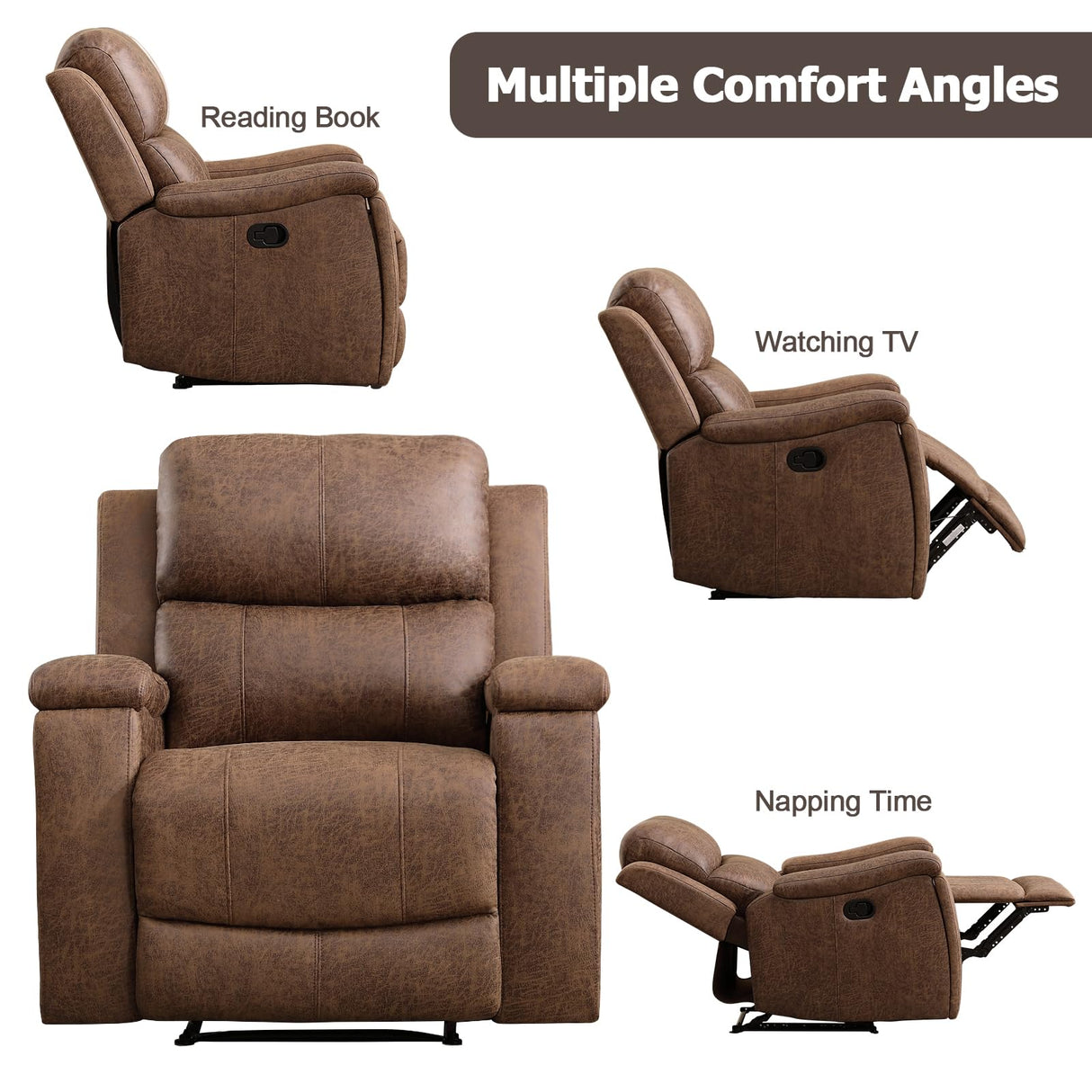 CANMOV Leather Recliner Chair, Classic and Traditional Manual Recliner Chair with Overstuffed Arms and Back, Manual Single Sofa with Concealed Cup Holders,Nut Brown CANMOV