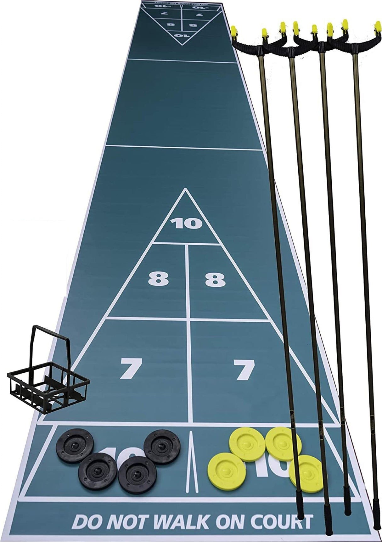 Home Shuffleboard Court Package - Roll Out Shuffleboard Court (28'L X 54" W), 4 Shuffleboard Cues, Official 6" Tournament Discs (4 Yellow, 4 Black), Disc Carrier, and Rules Allen R. Shuffleboard Co., Inc.