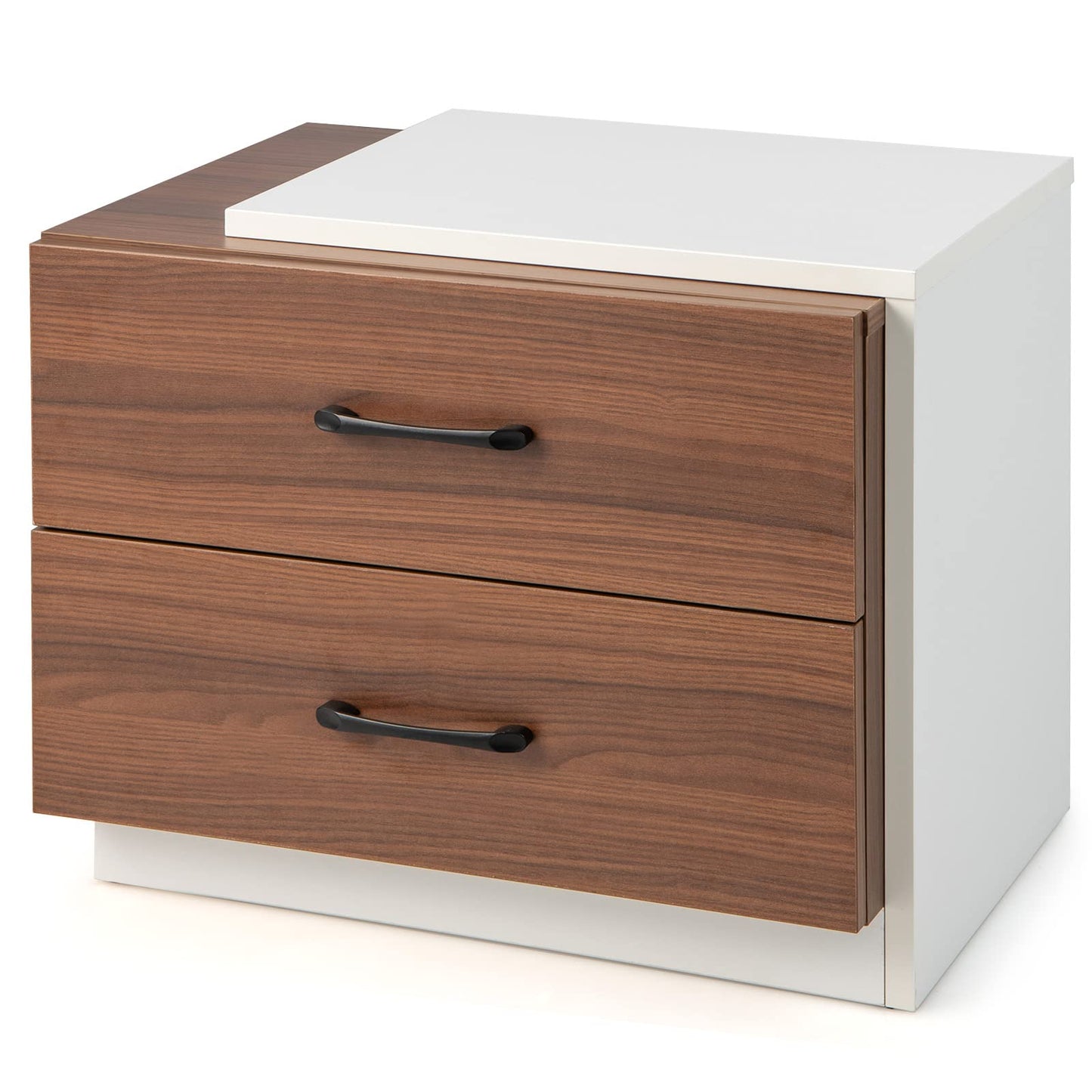 Giantex Modern Nightstand Set of 2 with 2 Drawers, Rustic Walnut Wood Grain Bedside Table with White L Shape Unique Design, Vertical Wooden End Table for Bedroom, Walnut & White (2) - WoodArtSupply