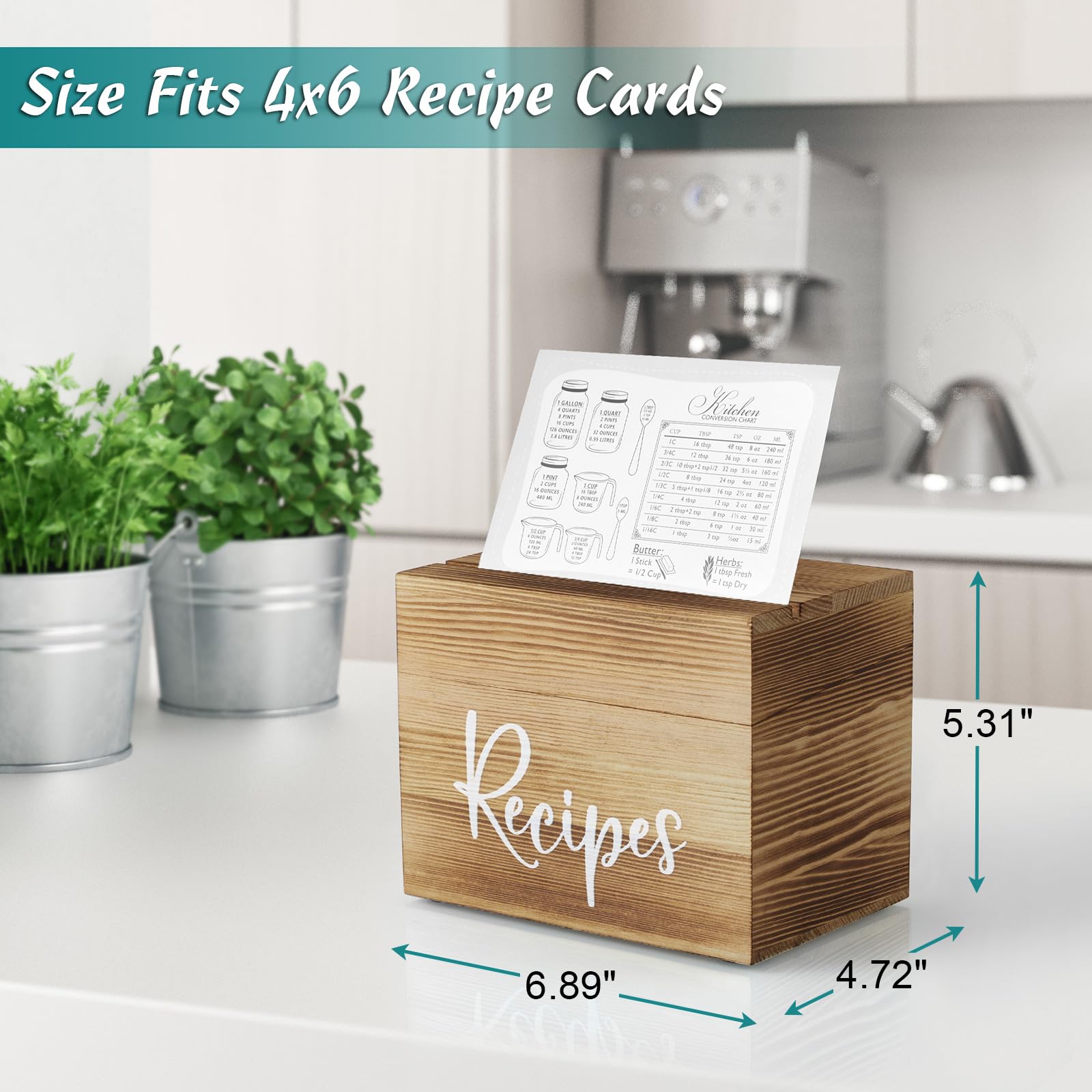 DRASTAR Recipe Card Box, Recipe Holder 4x6, Recipe Organizer with 50 Cards and 6 Dividers, Index Card Box, Wooden Box for Kitchen Countertop, Brown - WoodArtSupply