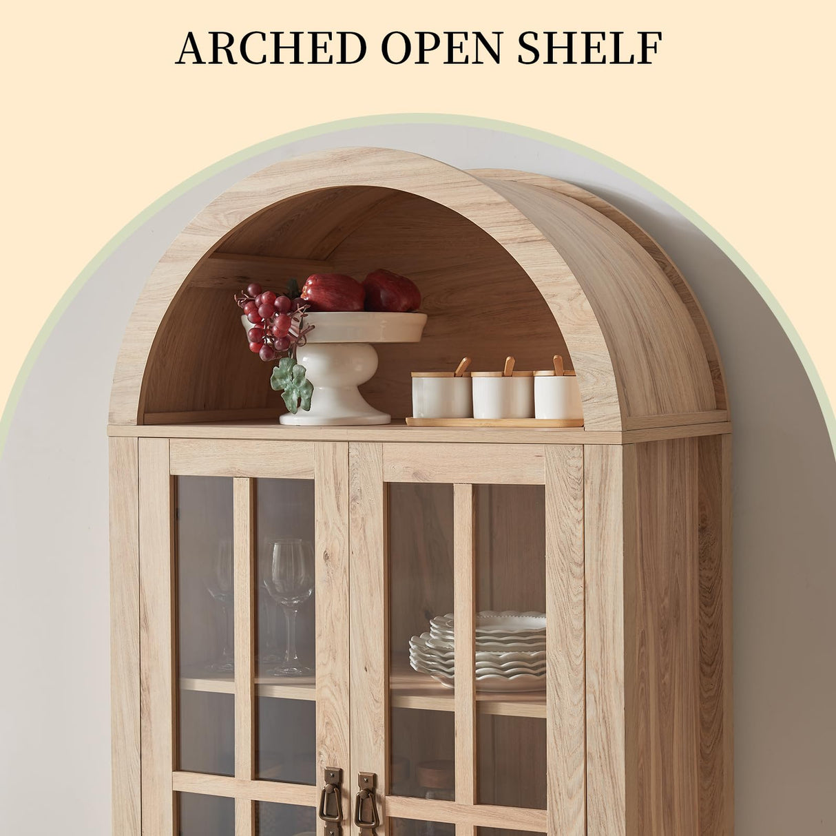 71" Tall Arched Kitchen Pantry Storage Cabinet with Glass Doors, 5 Tier Modern Bookshelf with 2 Drawers, Wooden Storage Cabinet with Doors and Shelves for Living & Dining Room, Bathroom, Laundry Room Okvnbjk
