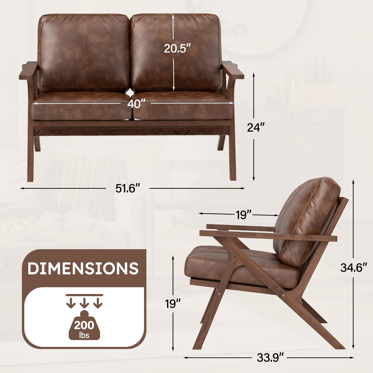 Bonzy Home 51.6" Loveseat Sofa Mid-Century Faux Leather Accent Chair, Upholstered 2-Seat Couch Loveseat with Solid Wood Frame and Cushions, Small Sofa Couch Armchair for Living Room, Bedroom,Brown Bonzy Home