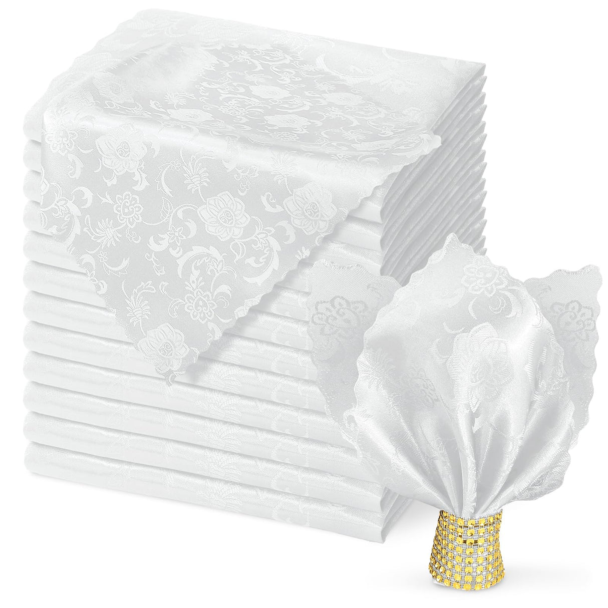 KKJIAF White Jacquard Satin Napkins (12 Pack, 17x17 Inches), Square Damask Silky Table Napkins for Wedding Banquet Party Restaurant Dinner Decoration KKJIAF
