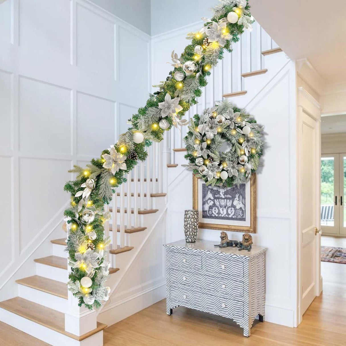 WANNA-CUL Pre-Lit 24 Inch Lighted Christmas Wreath for Front Door Decor with Silver White Christmas Ball Ornaments and Poinsettia Flowers,Battery Operated 30 LED Lights WANNA-CUL