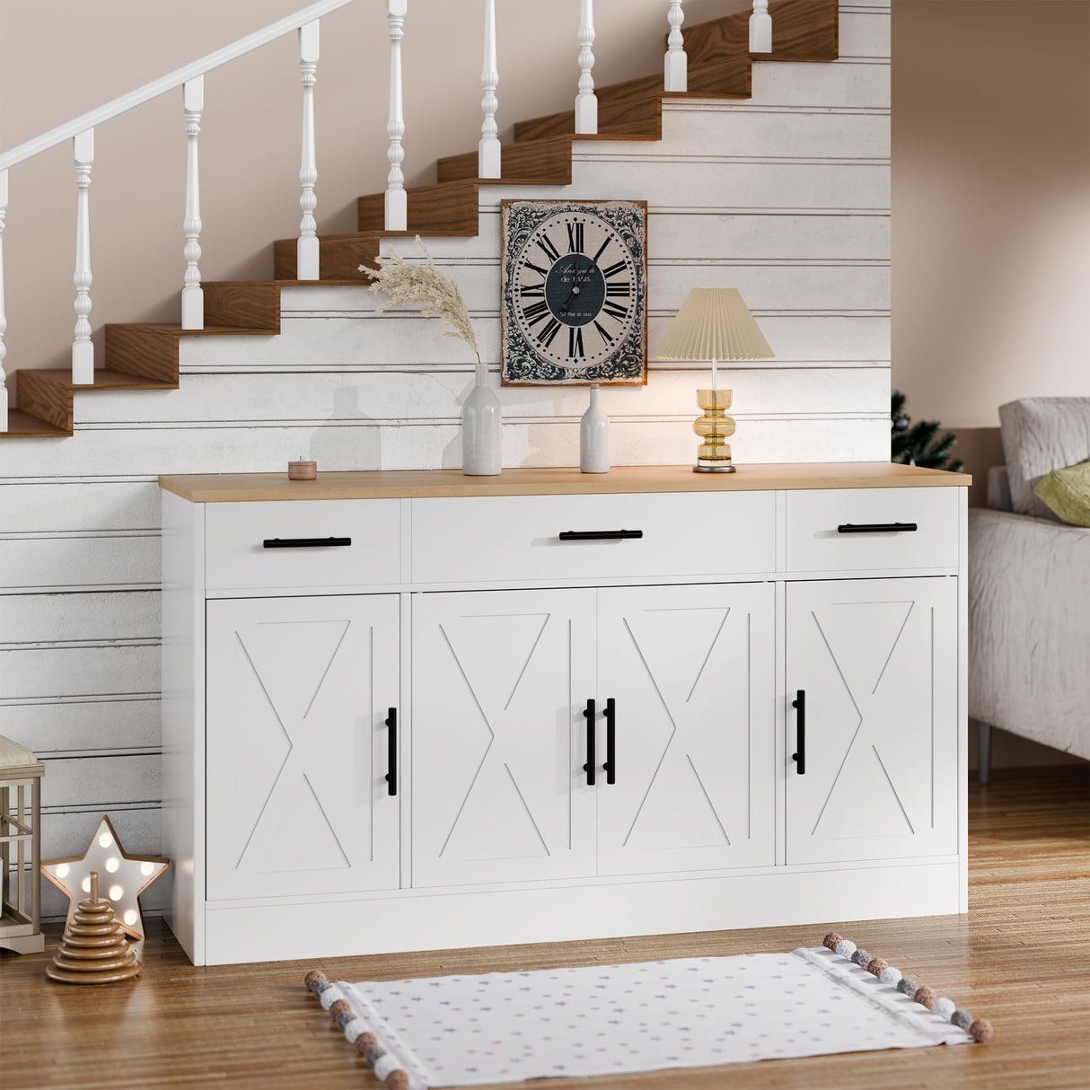 SUNLEI Buffet Cabinet with Storage, Farmhouse Storage Cabinet with 4 Doors and 3 Drawers, Coffee Bar Station Wood Buffet Table with Adjustable Shelf for Living Room, White SUNLEI