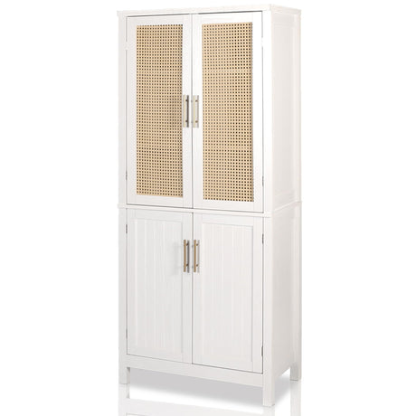 MISHAO 71" Kitchen Pantry Storage Cabinet, Tall Storage Cabinet with Rattan Doors & Adjustable Shelves, Freestanding Cupboard Wood Pantry for Kitchen, Living Room, Dining Room Hallway, White MISHAO