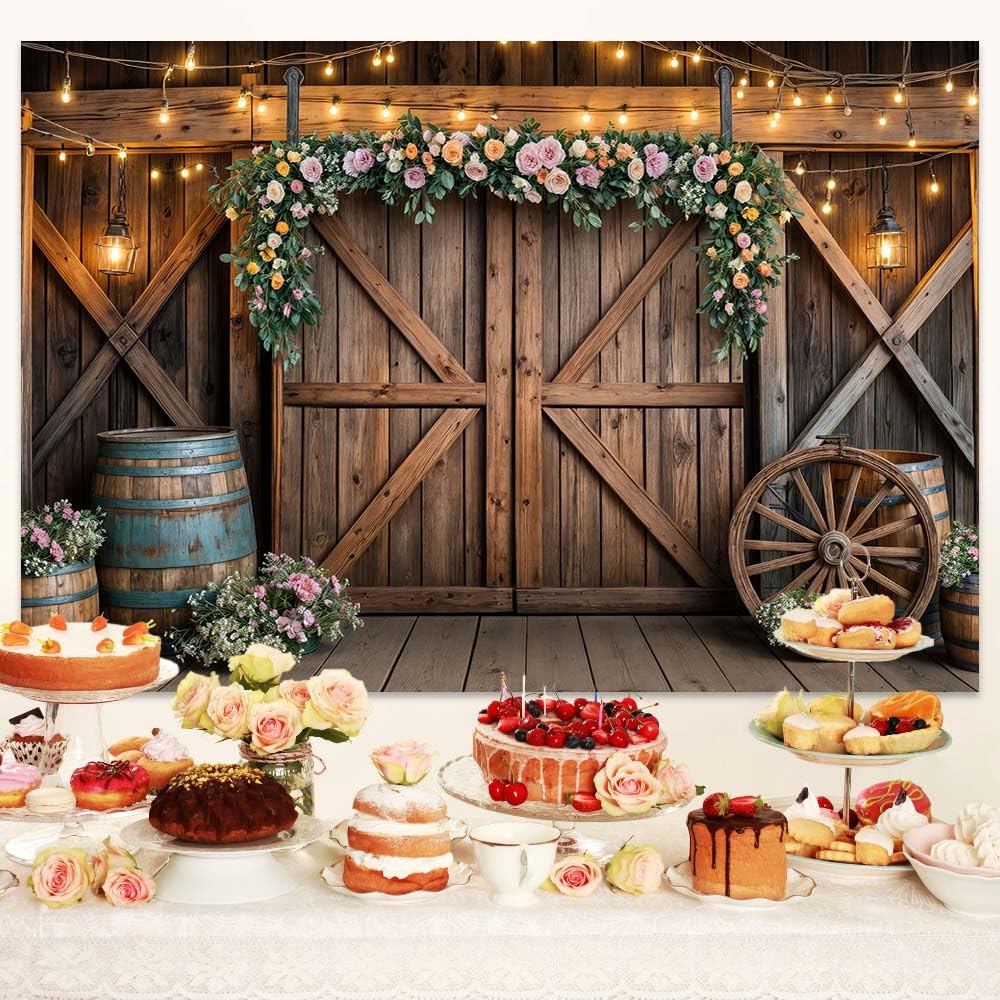 7x5ft Country Wedding Photography Backdrop Rustic Barn Door Photography Backdrop Farmhouse Pink Flower Cabin Wooden Birthday Baby Shower Wedding Bridal Party Banner Photo Booth Props Background Mtsxfy