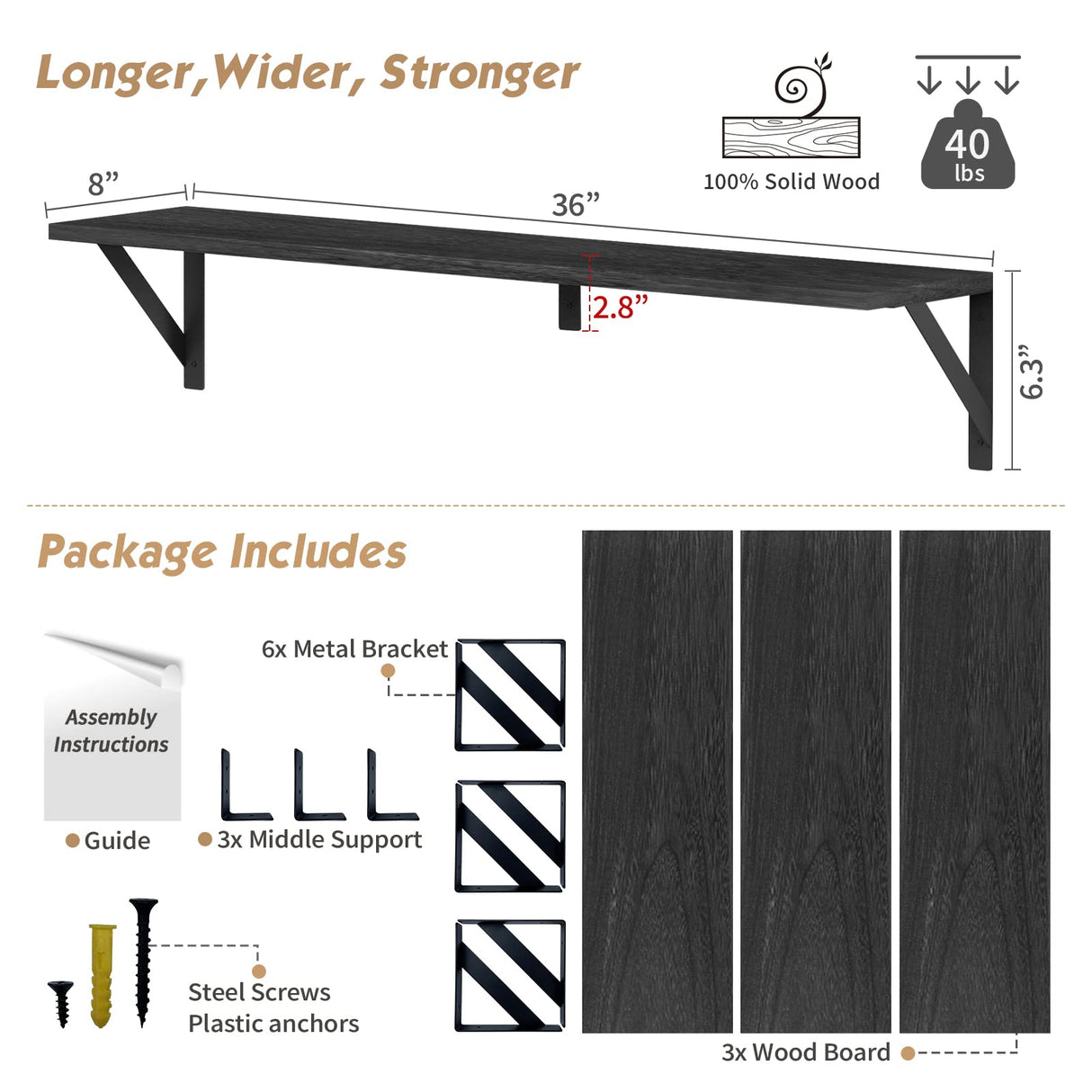 Forbena Floating Shelves 36 Inches Long 8 in Deep Set of 3, Large Wall Shelf for Bedroom Books, Heavy Duty Wide Wall Shelving for Closet Organizers and Storage, Living Room, Library (Black) Forbena