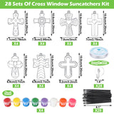 Poen 28 Sets Religious Cross Suncatchers Craft Kits for Kids DIY Christian Window Paint Art Kit Sunday School Sun Catcher Ornaments Decor for Kids Classroom Vbs Activities Party Favors Poen