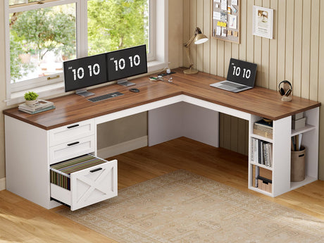 SEDETA Farmhouse 67" L Shaped Desk with 3 Drawers, White Corner Computer Desk with Storage Shelves, Home Office Desks with Power Outlets，Executive Desk for Home Office, White and Brown SEDETA