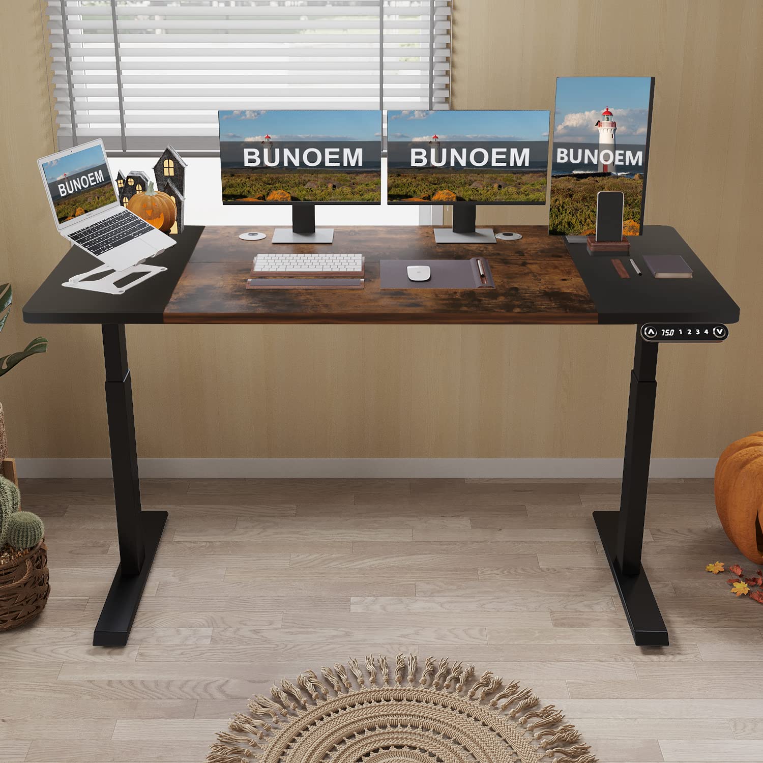 BUNOEM Height Adjustable Electric Standing Desk, 63x30 Height Stand Up Computer Desk,Sit and Stand Home Office Desk with Splice Board (Brown+Black Top, Black Frame) - WoodArtSupply