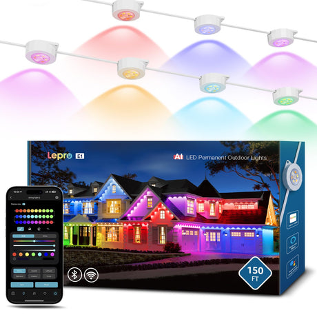 Lepro E1 AI Permanent Outdoor Lights APP Control, 150ft 90 LED Smart RGB+IC+Warm/Cool White House Eave Lights for Halloween Christmas, Alexa Google Enabled 2.4 GHz WiFi/Bluetooth, NO Remote Controller Lepro