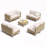 JOYURE 9 Piece Wicker Patio Furniture Set,Outdoor Conversation Sectional Sofa w/Coffee Table,All-Weather Outdoor Sofa with Thick and Anti-Slip Cushions for Deck,Poolside,Garden,Beige JOYURE