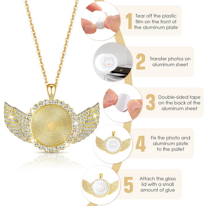 Hicarer 60 Pcs Sublimation Angel Wing Jewelry Blanks Set Rhinestone Bezel Pendant Trays Glod and Silver Sublimation Necklace Blank with Chain for Valentine's Days Making Crafts Wedding Jewelry Gifts