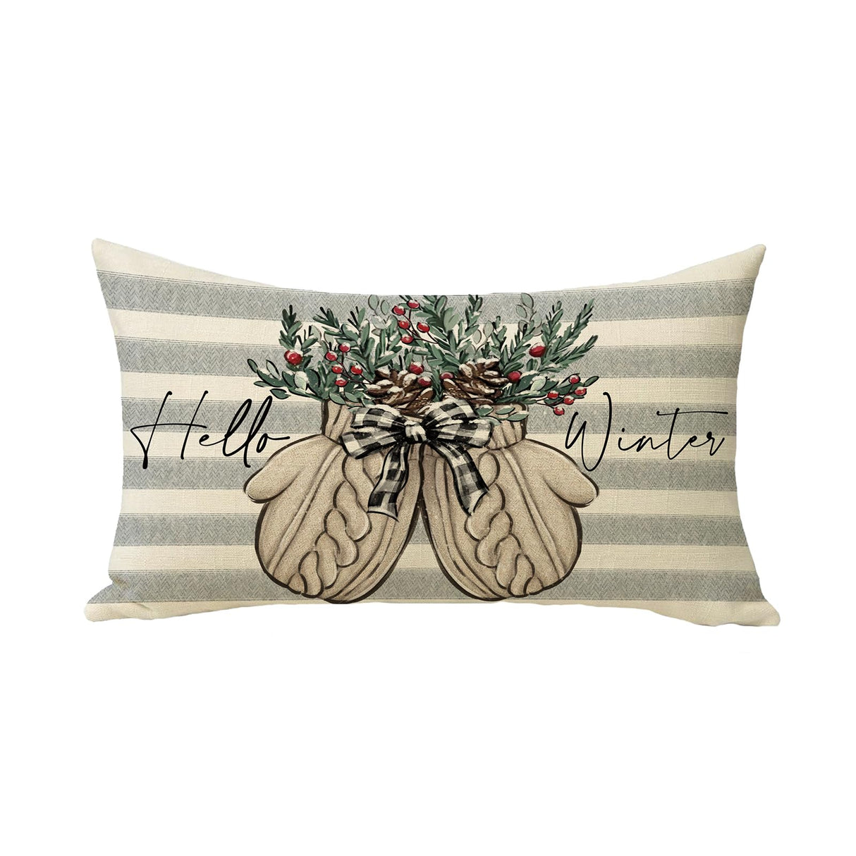 Fjfz Hello Winter Gloves Gray Lumbar Decorative Throw Pillow Cover 12 x 20, Rectangular Red Berry Gray Stripe Outdoor Home Decor, Plaid Bow Pine Cone Christmas Holiday Seasonal Farmhouse Cushion Case Fjfz