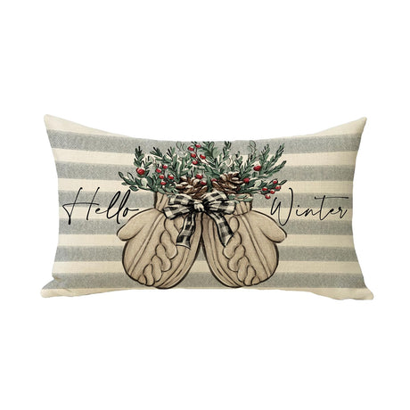 Fjfz Hello Winter Gloves Gray Lumbar Decorative Throw Pillow Cover 12 x 20, Rectangular Red Berry Gray Stripe Outdoor Home Decor, Plaid Bow Pine Cone Christmas Holiday Seasonal Farmhouse Cushion Case Fjfz