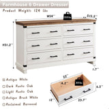 T4TREAM Farmhouse 6 Drawers Dresser for Bedroom, 54" Wide Wood Chest of Drawers w/Natural Texture & Metal Handle, Rustic Storage Dressers Organizer for Living Room, Hallway, Antique White T4TREAM