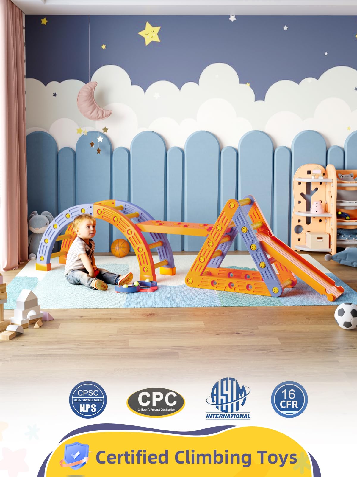 VBABY Climbing Toys for Toddlers 1-6, Pikler Triangle Set 4 in 1, Plastic Indoor Toddler Climbing Toys, Foldable Montessori Pikler Climbing Set, Outdoor Climbing Toys for Kids, Orange & Blue VBABY