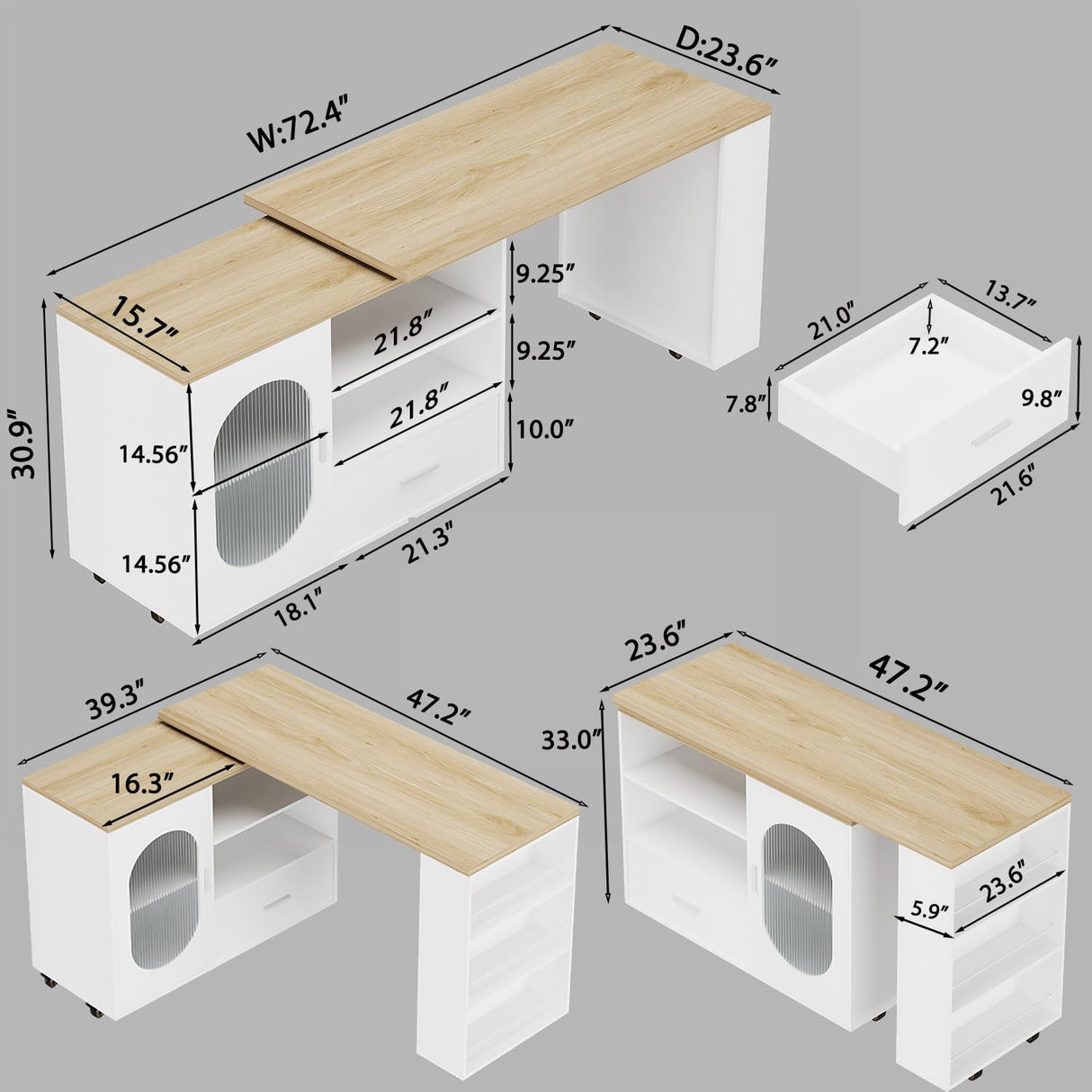 HSH 72.4” Rolling Kitchen Island with Swivel Table, Storage Cabinet, Drawers & Shelves, White Modern Mobile Island Cart on Wheels, Farmhouse Wood Island Table for Kitchen, Dining Room, Home Bar HSH