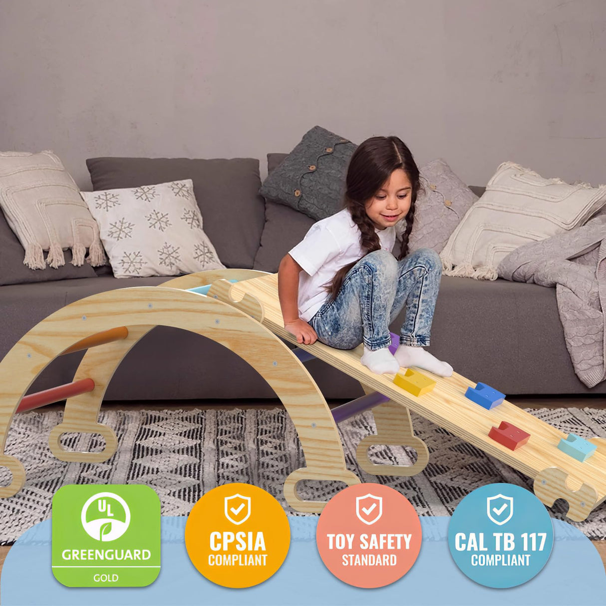 CMFYDAILY 5 in 1 Pikler Triangle Set, Foldable Baby Climbing Gym Indoor Montessori Climbing Set Wooden Toddler Climbing Toys with Arch, Ramp, Ladder CMFYDAILY