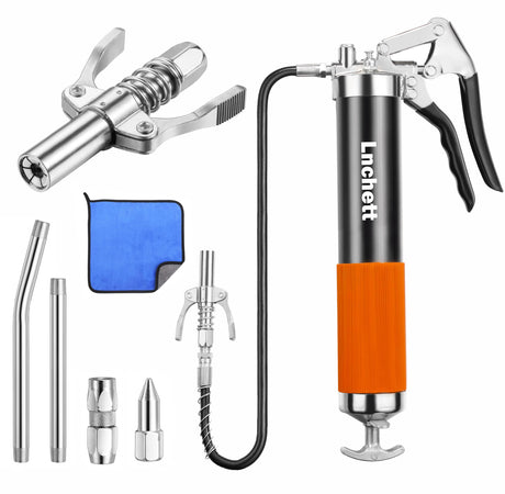 Lnchett Grease Gun with Quick Release Coupler and Towel, 9000 PSI Professional Heavy Duty 14 oz Grease Gun with 18 Inch Spring Flex Hose, 1 Reinforced Coupler, 2 Extension Rigid Pipe and1 Sharp Nozzle Lnchett