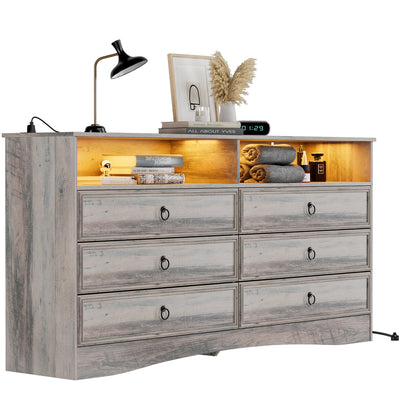 VVFLU Grey 6 Drawer Dresser for Bedroom with LED Lights and Charging Station, Wood 6 Chest Drawers, Large Storage for Clothes, for Living Room, Bedroom, Hallway, Taupe Grey