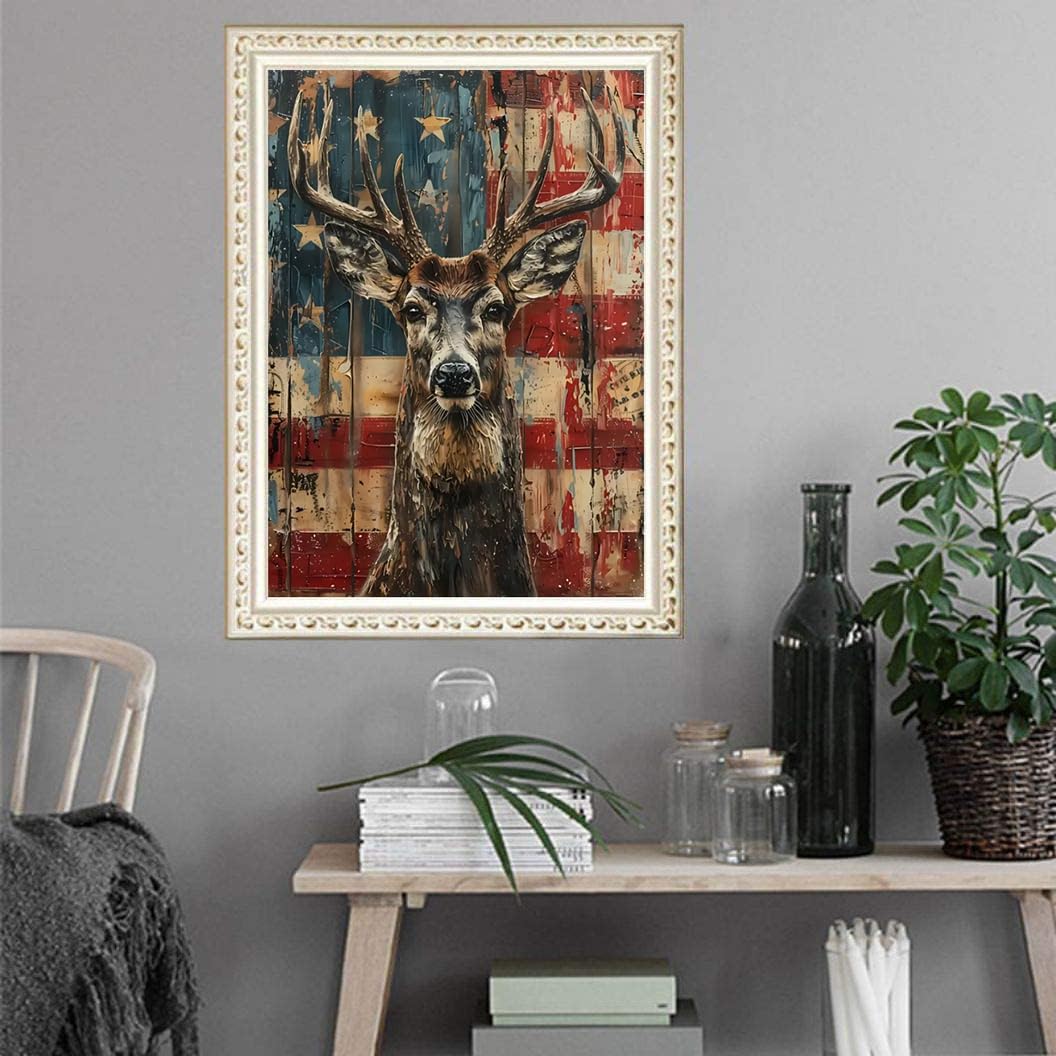 KTHOFCY 5D DIY Diamond Painting Kits for Adults, American Flag Deer Full Drill Embroidery Cross Stitch Crystal Rhinestone Paintings Pictures Arts Wall Decor Painting Dots Kits 15.7X11.8 inch KTHOFCY