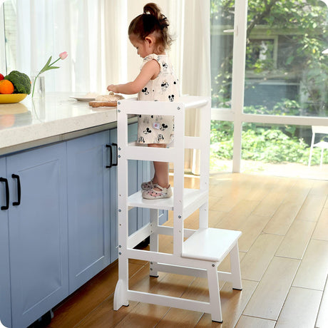 Height Adjustable Kitchen Step Stool for Toddlers, Kids Montessori Learning Stool, Baby Standing Tower for Counter, Children Standing Helper (White) Mangohood