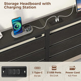 Rolanstar Bed Frame Twin Size with USB Charging Station, LED Bed Frame with Wood Storage Headboard, Black Metal Platform Bed with Under Bed Storage, No Box Spring Needed, Noise Free Rolanstar