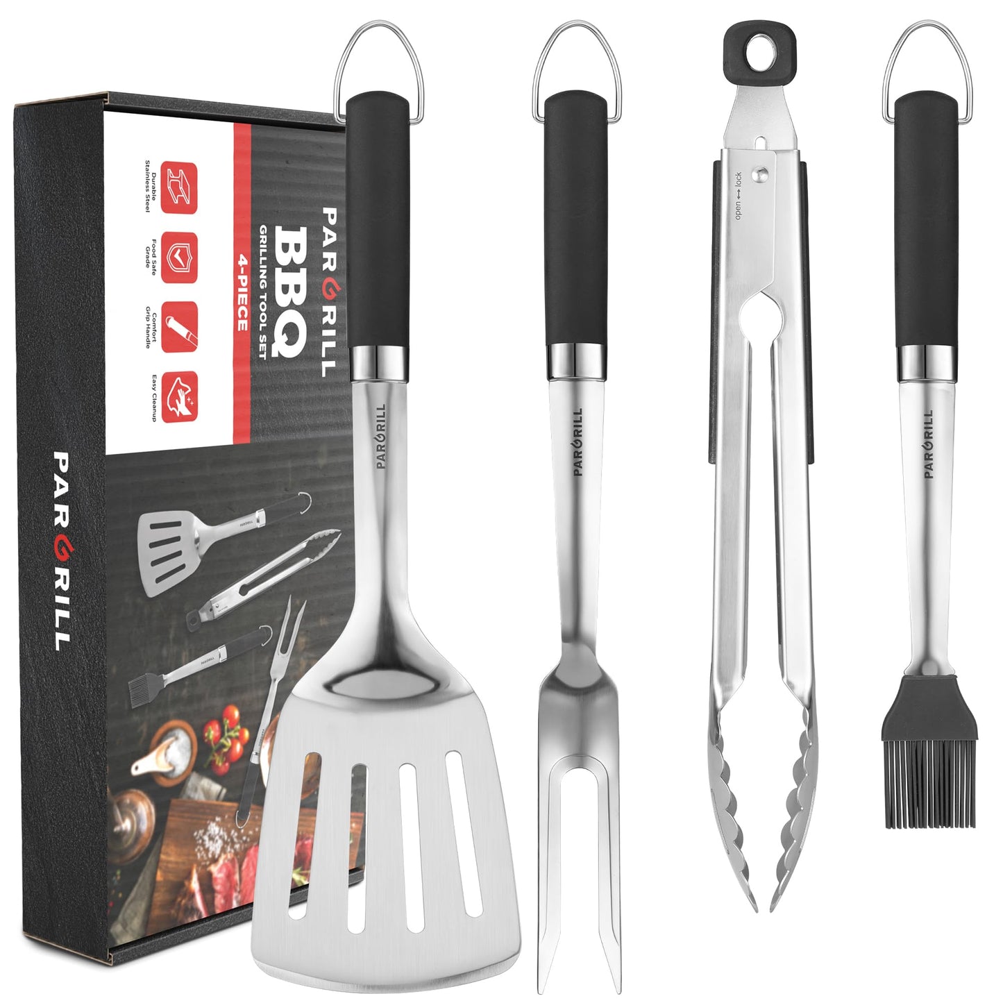 PARGRILL Grill Accessories Heavy Duty BBQ Set Gifts for Men/Women - Premium Stainless Steel Spatula, Fork, Brush & Tongs, Barbecue Utensils Tool Kit Gift for Grilling Lover Outdoor