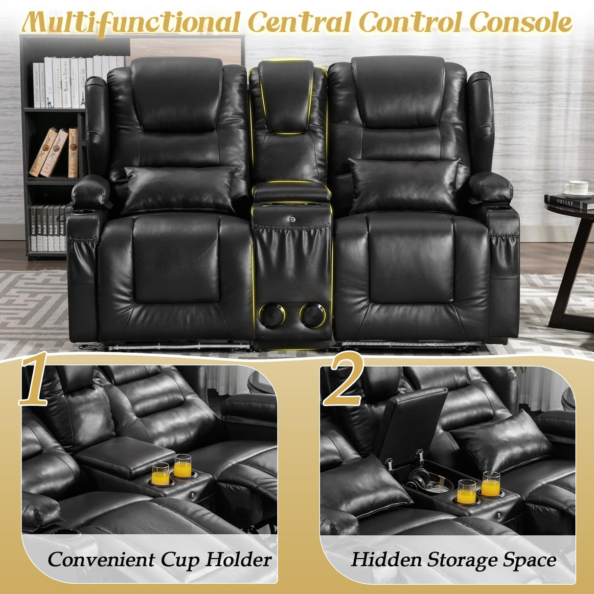BINGTOO Power Double Recliner Loveseat for RV, Electric Home Theater Seating Sofa with Console & Storage, Built-in Bluetooth Speaker/USB Ports/Power Outlet/LED Light, Black BINGTOO