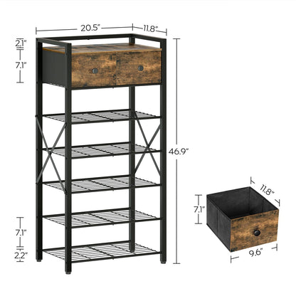 YATINEY Shoe Rack, 7-Tier Shoe Storage Organizer for Entryway, Free Standing Shoe Shelf with 2 Non-Woven Drawers, Metal Frame, for Closet, Hallway, Garage, Rustic Brown and Black SS07BR