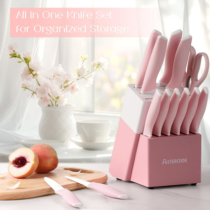 Astercook Knife Set, Kitchen Knives Set with Block and Sharpener Ceramic Coating 15 Pcs German Stainless Steel Knives Sharp Blade Dishwasher Safe Knife Block Set with Ergonomic Handle, Crystal Pink