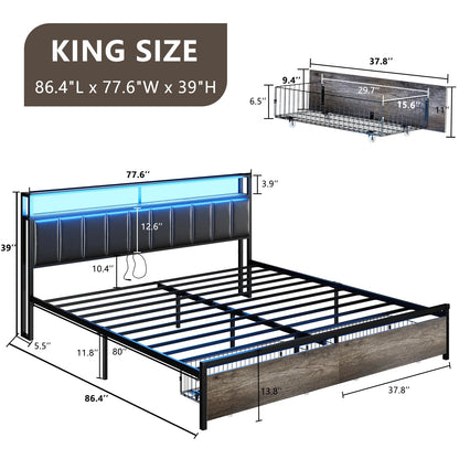 AMERLIFE Rustic Grey LED King Bed Frame with Storage Drawers & Charging Station Headboard - WoodArtSupply