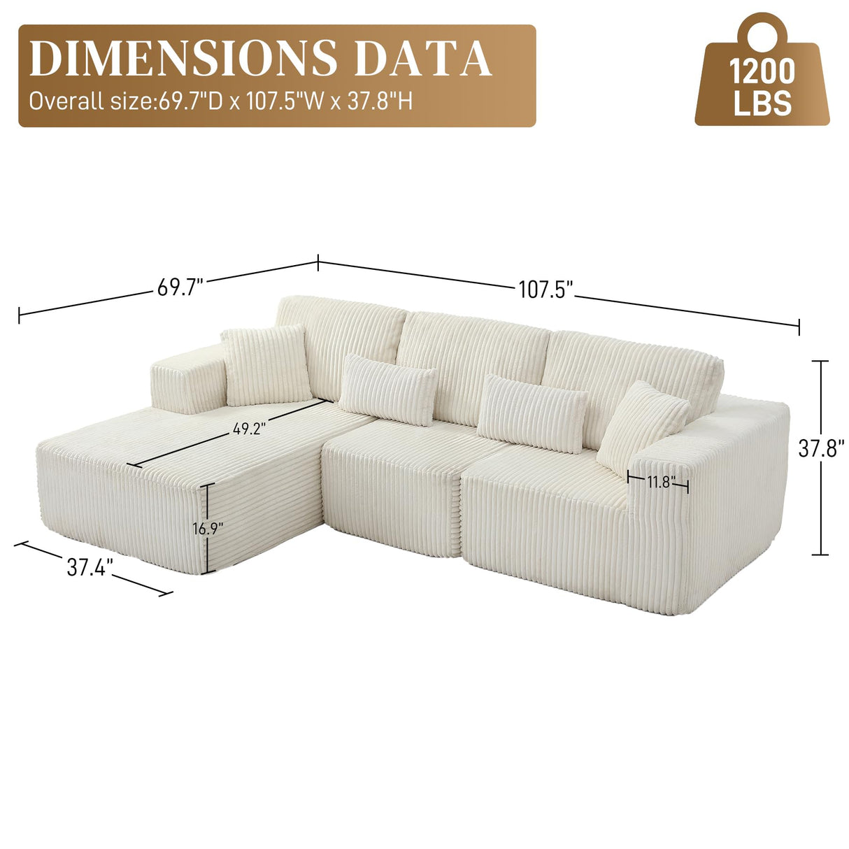 HYJT-H&K Modular Sectional Sofa Cloud Sectional Couch, 107" Comfy Fluffy L Shaped White Couches for Living Room, Deep Seat Memory Foam Plush Corduroy Boneless Couch Sectionals Left Facing Chaise Sofa HYJT-H&K