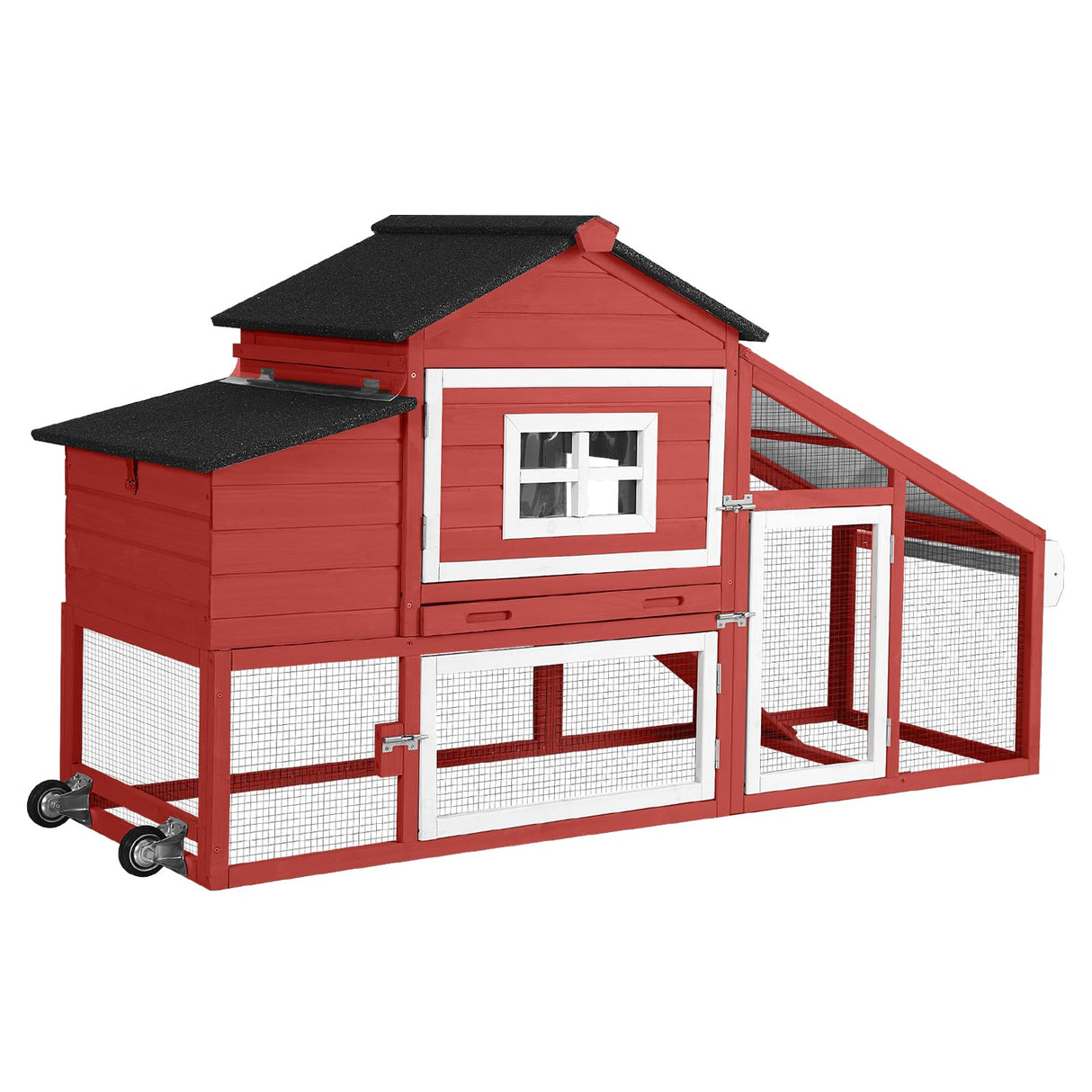 GUTINNEEN Rabbit Hutch Outdoor Mobile Chicken Coop with Wheels Wooden Bunny Cage Large Duck House with Run UV Roof(Red) GUTINNEEN