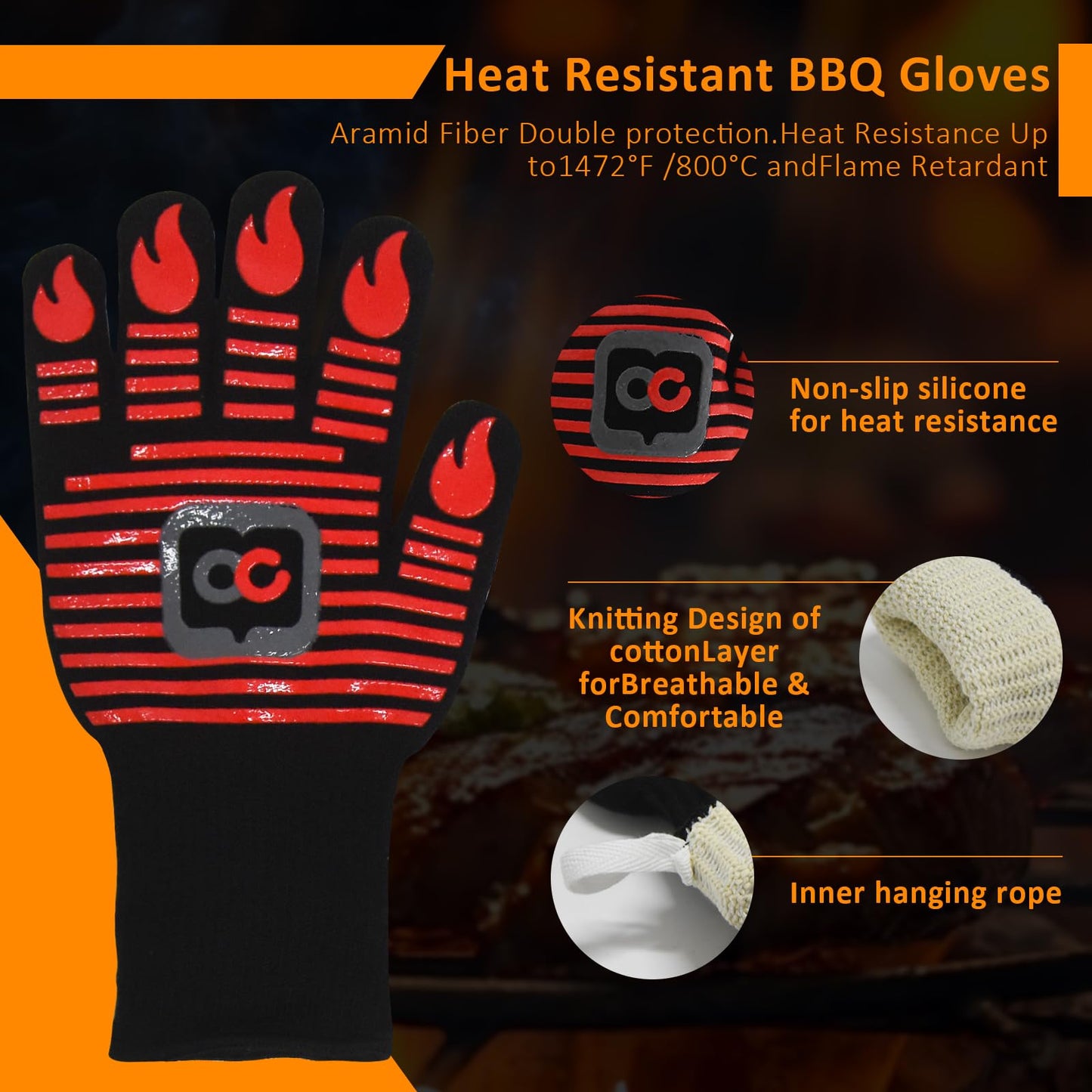 OURCAMP BBQ Gloves, 1472 Degree F Heat Resistant Grilling Gloves Silicone Non-Slip Oven Gloves Long Kitchen Gloves for Barbecue, Cooking, Baking, Cutting (Red)