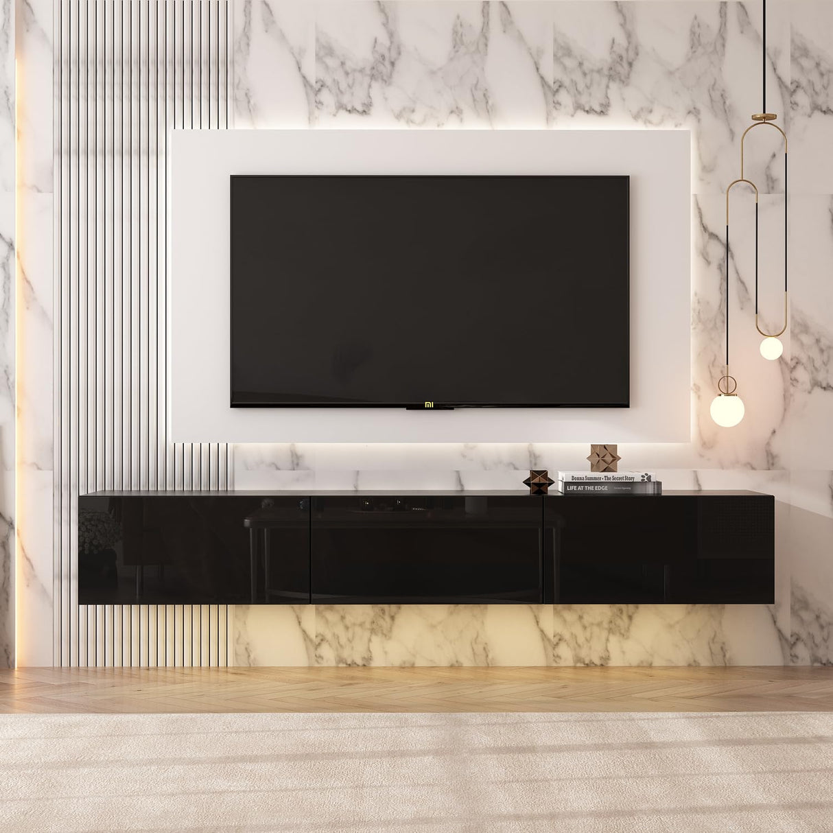 AIEGLE Floating TV Stand Wall Mounted, High Gloss Entertainment Center with 3 Drawers & 16-Color LED Lights, Modern TV Cabinet Console Shelf, Black 63" W AIEGLE