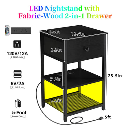 LTTDOUK LED Nightstands Set of 2 with Charging Station, Bedside Tables with USB Ports and Outlets, End Table with Fabric-Wood 2-in-1 Drawer, Black Side Table for Bedroom, Living Room - WoodArtSupply