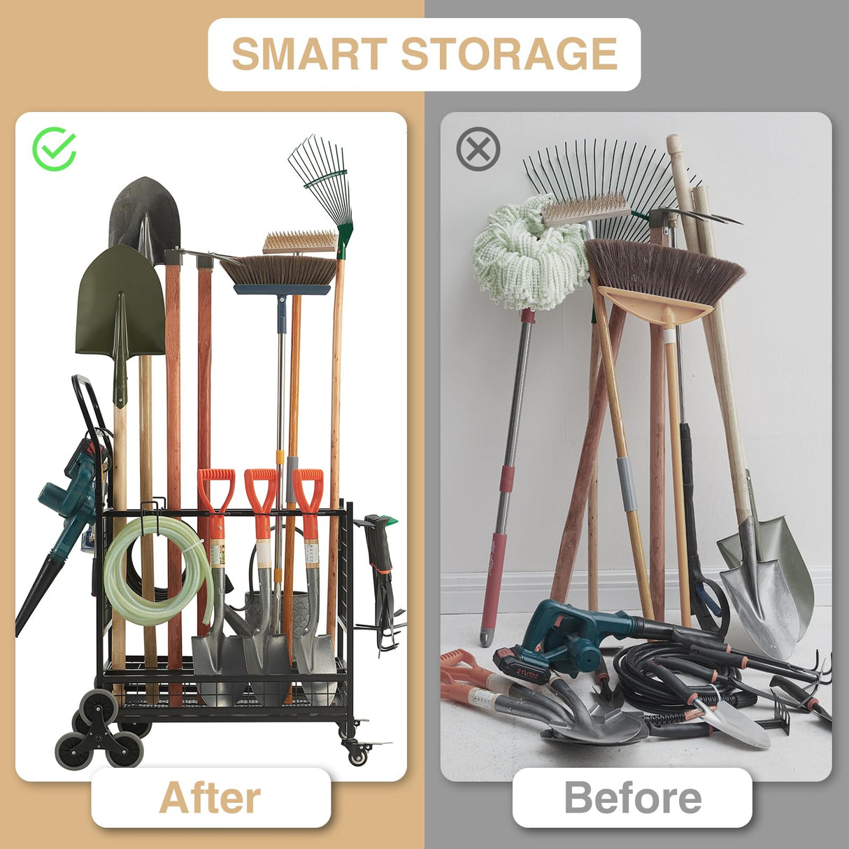 Lauren&Harold Garden Tool Organizer with 2 Stair Climbing Wheels,Garden Tool Stand,Garage Organization and Storage,Yard Tool Organizer for Garage,Garden Tool Rack for Garage,Shed,Outdoor Lauren Harold