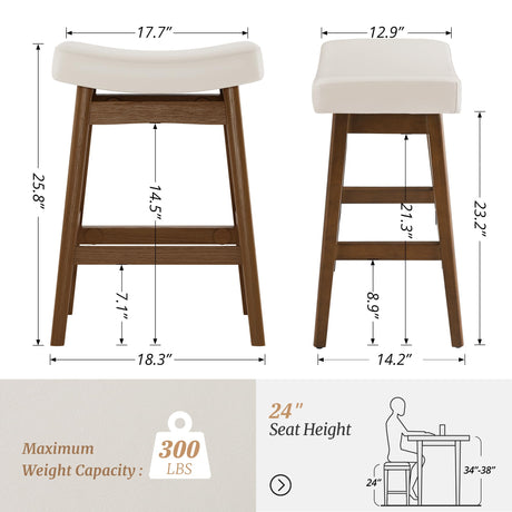 Cozyman Bar Stools Set of 3, Barstools with Sturdy Wood Legs, Saddle Seat Counter Height Bar Stools for Kitchen Counter, Bar, Dining, 24 Inch Farmhouse Counter Stools, Antique White Leather Cozyman