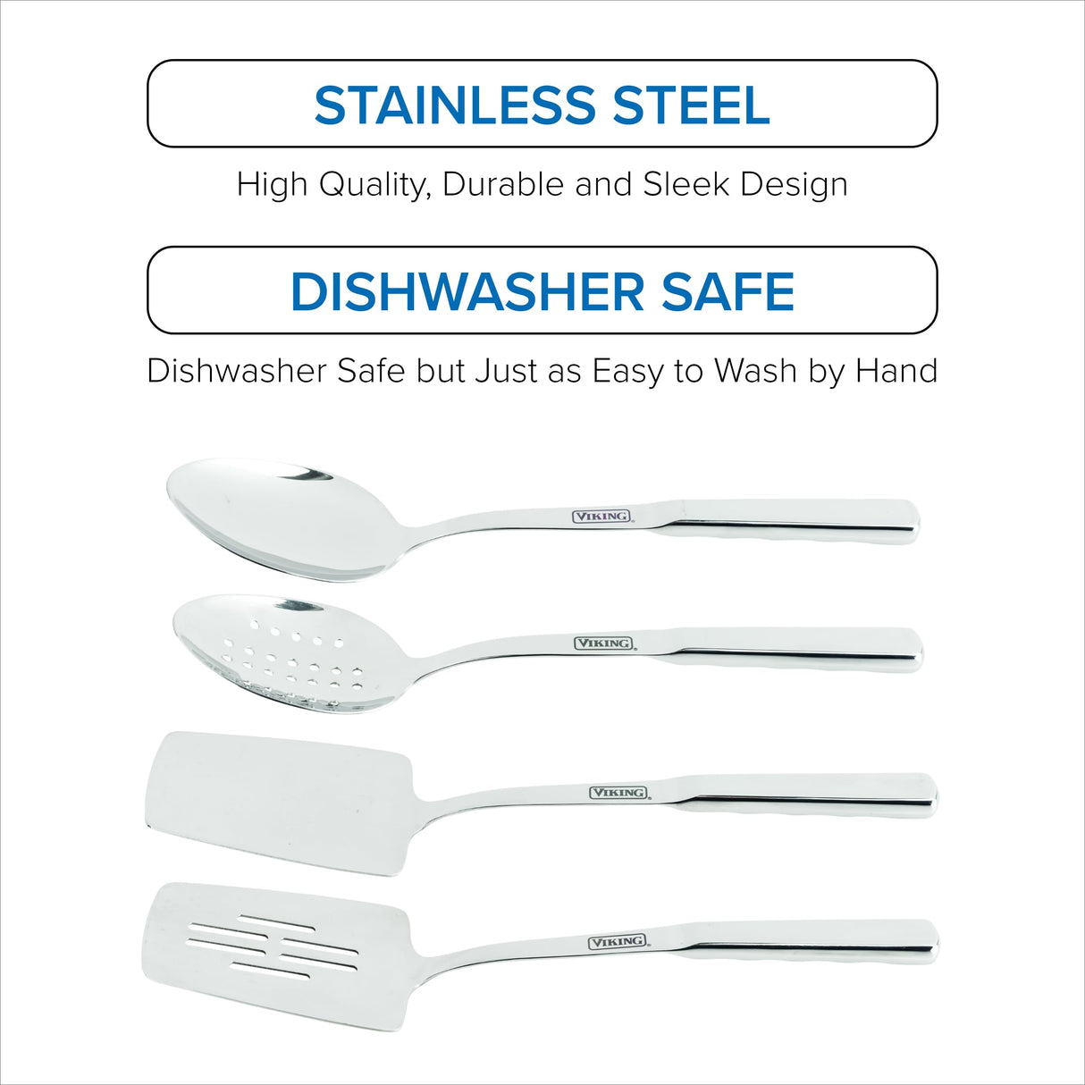 Viking Kitchen Utensils Set, 8 Piece Stainless Steel Cooking Utensil Set, Includes Spatulas, Spoons, Pasta Fork, Deep Ladle, Meat Fork, and Skimmer, Silver Viking