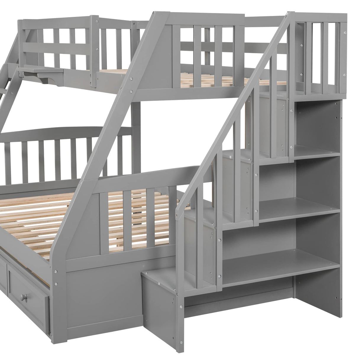 MeraxTwin Over Full Bunk Bed with Drawers，Ladder and Storage Staircase, Gray Wood Bed Frame, No Box Spring Need Merax