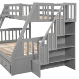 MeraxTwin Over Full Bunk Bed with Drawers，Ladder and Storage Staircase, Gray Wood Bed Frame, No Box Spring Need Merax
