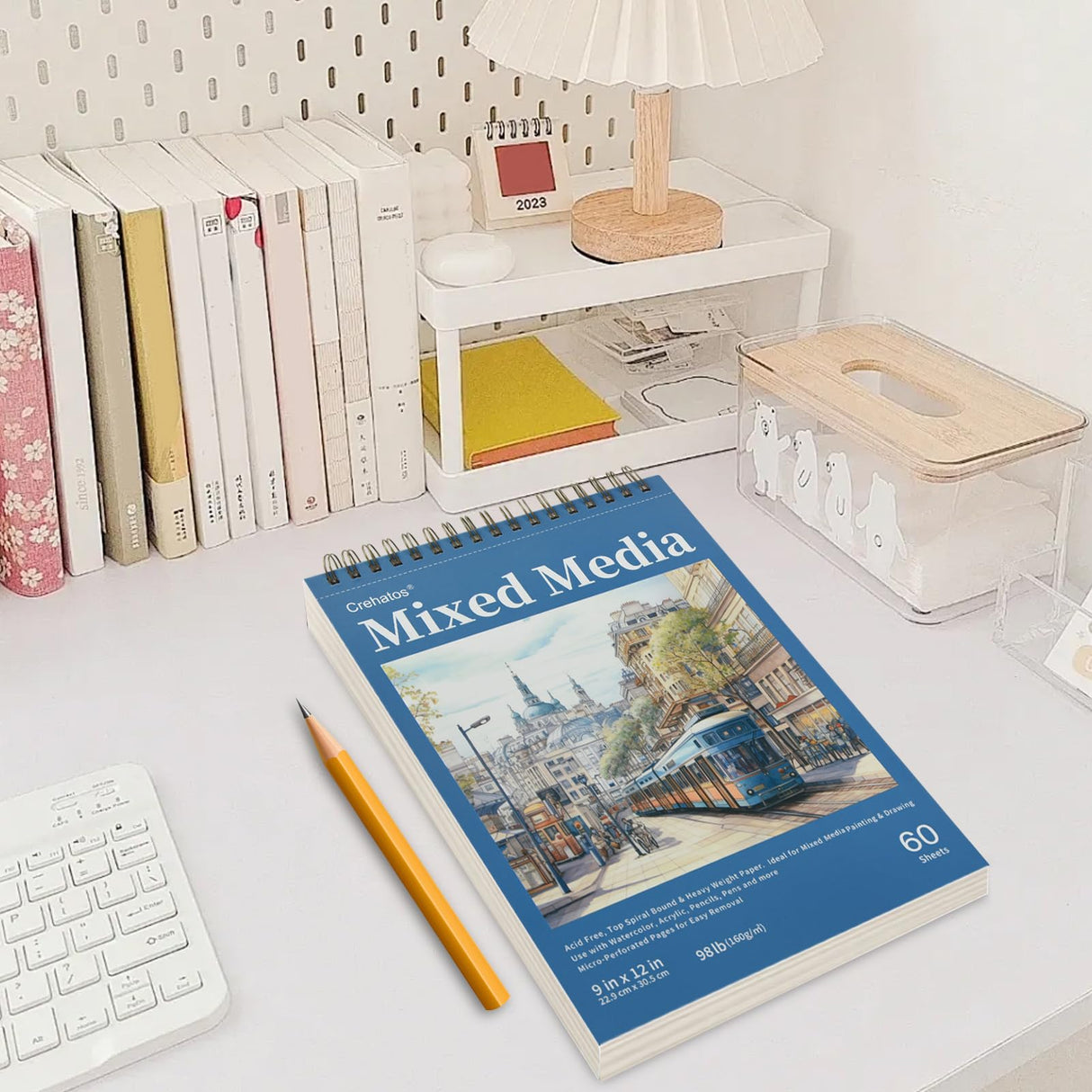 Crehatos Mixed Media Sketchbook 9" x 12", Top Spiral Bound Sketch Pad, 60 Sheets 98lb/160gsm Drawing Paper for Wet and Dry Media, 1 Pack Crehatos