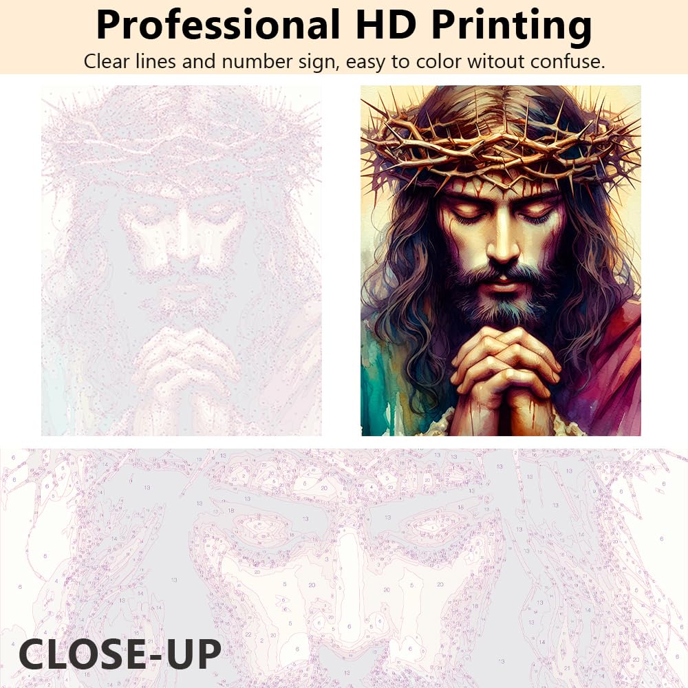 TUMOVO DIY Paint by Numbers Kit for Adults, Jesus Paint by Numbers with Paintbrushes and Acrylic Pigment, Jesus Closed Eyes Praying Paint by Numbers Kit for Adults Beginner 16x20 Inch Frameless TUMOVO