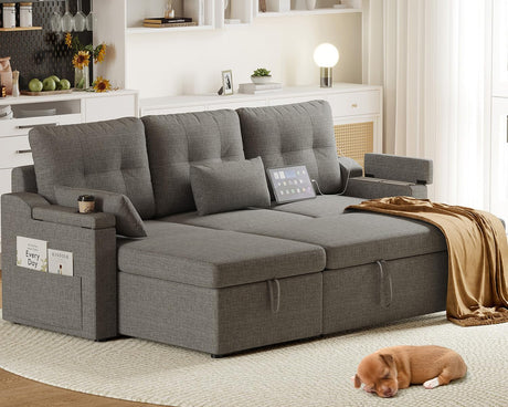 Reversible Sectional Sofa Couch, 85" L-Shaped Sleeper Sofa Bed with Pull Out Bed, Storage Chaise, USB Type-C Ports, Removable Backrest, Cup Holder, Modern Convertible Couch for Living Room，grey GAOMON