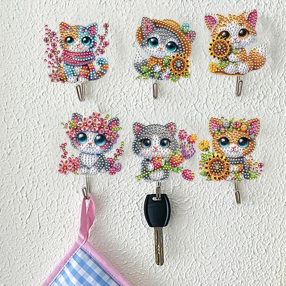 Sulunmo Diamond Art Kits for Adults, DIY Diamond Painting Key Holder for Wall Hooks for Hanging Keys, Sunglasses, Bag(6Pcs Bigeyed Cat-3) Sulunmo